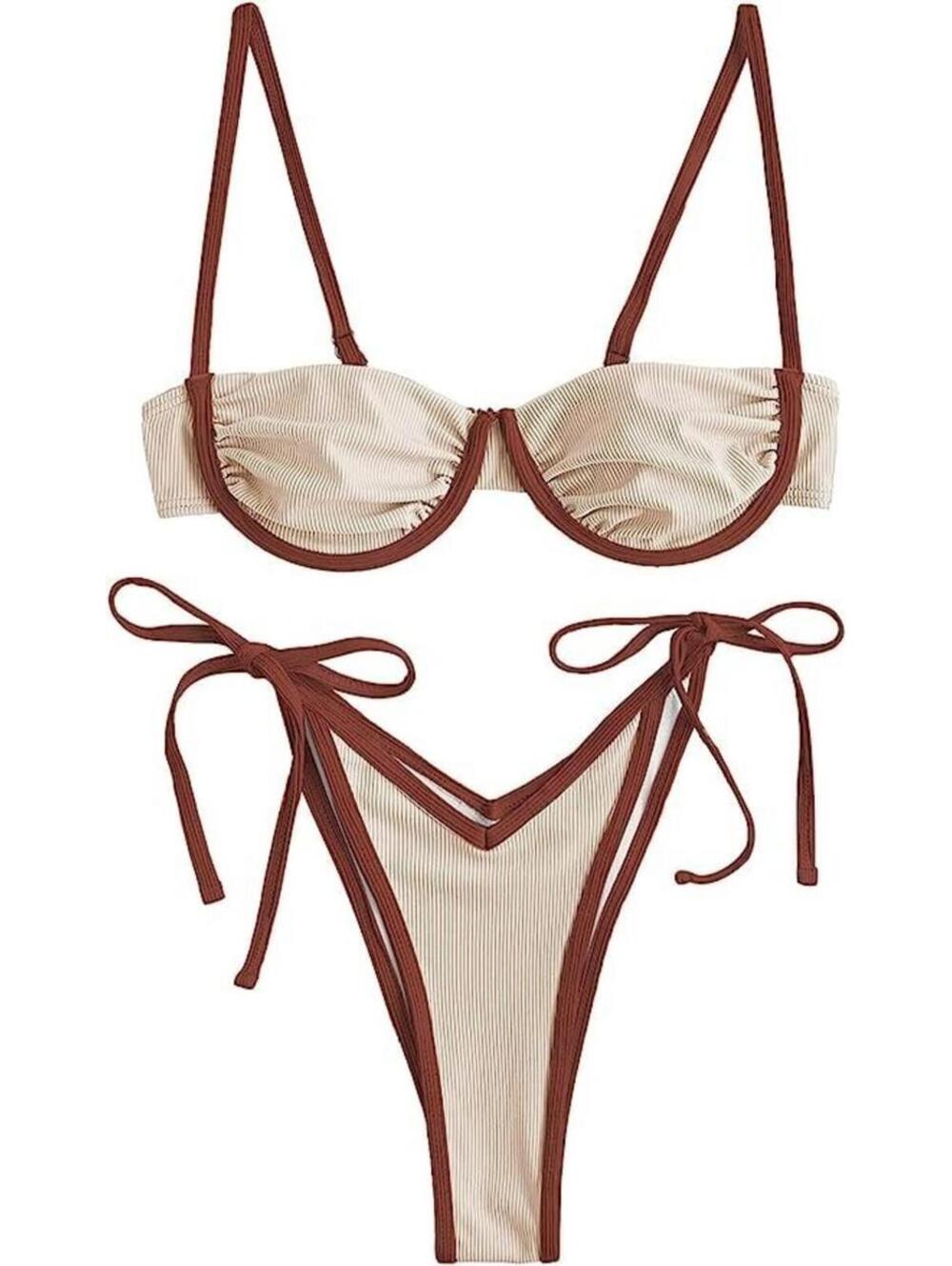 Zaful Women’s Cream Brown V-Wired Underwire High Leg Two Piece Bikini Set New